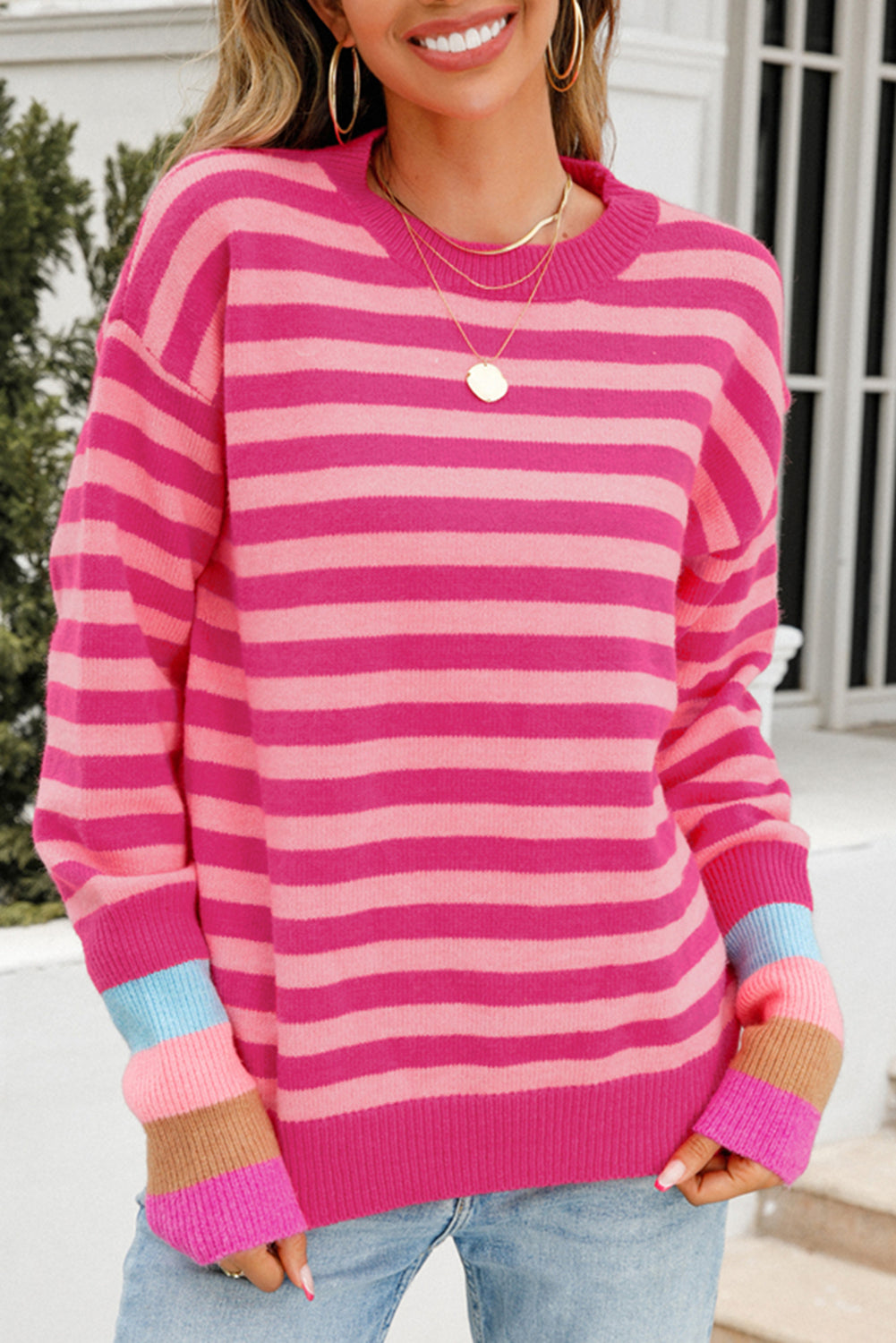 Rose Striped Round Neck Drop Shoulder Sweater