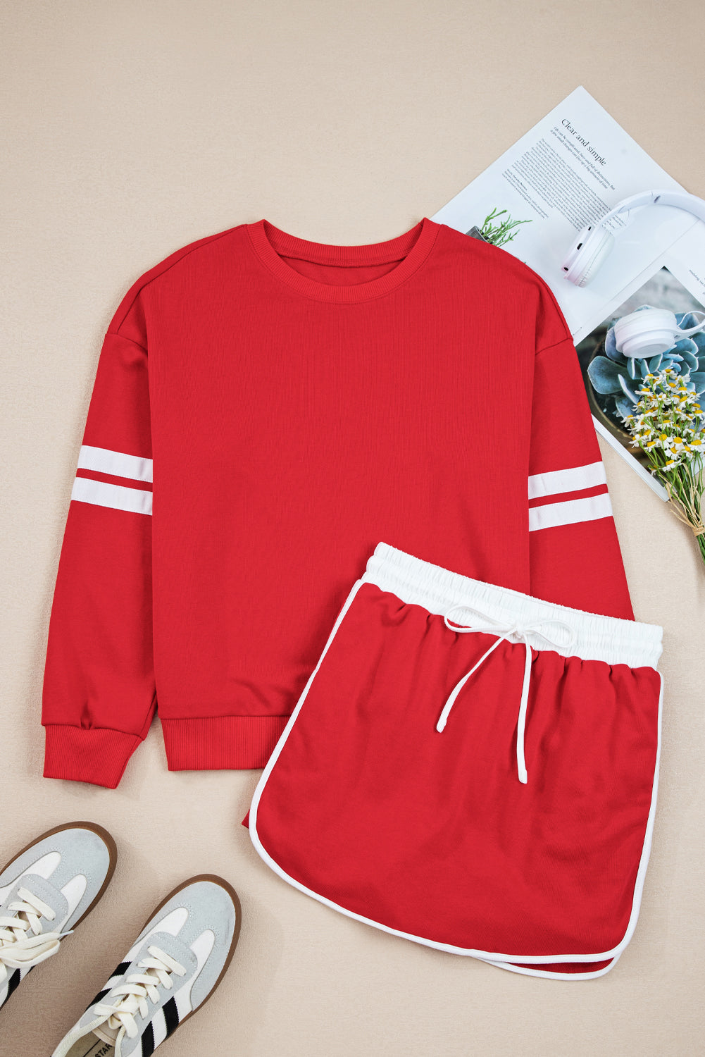 Fiery Red Varsity Stripe Detail Drop Shoulder Pullover Mini Skort Set