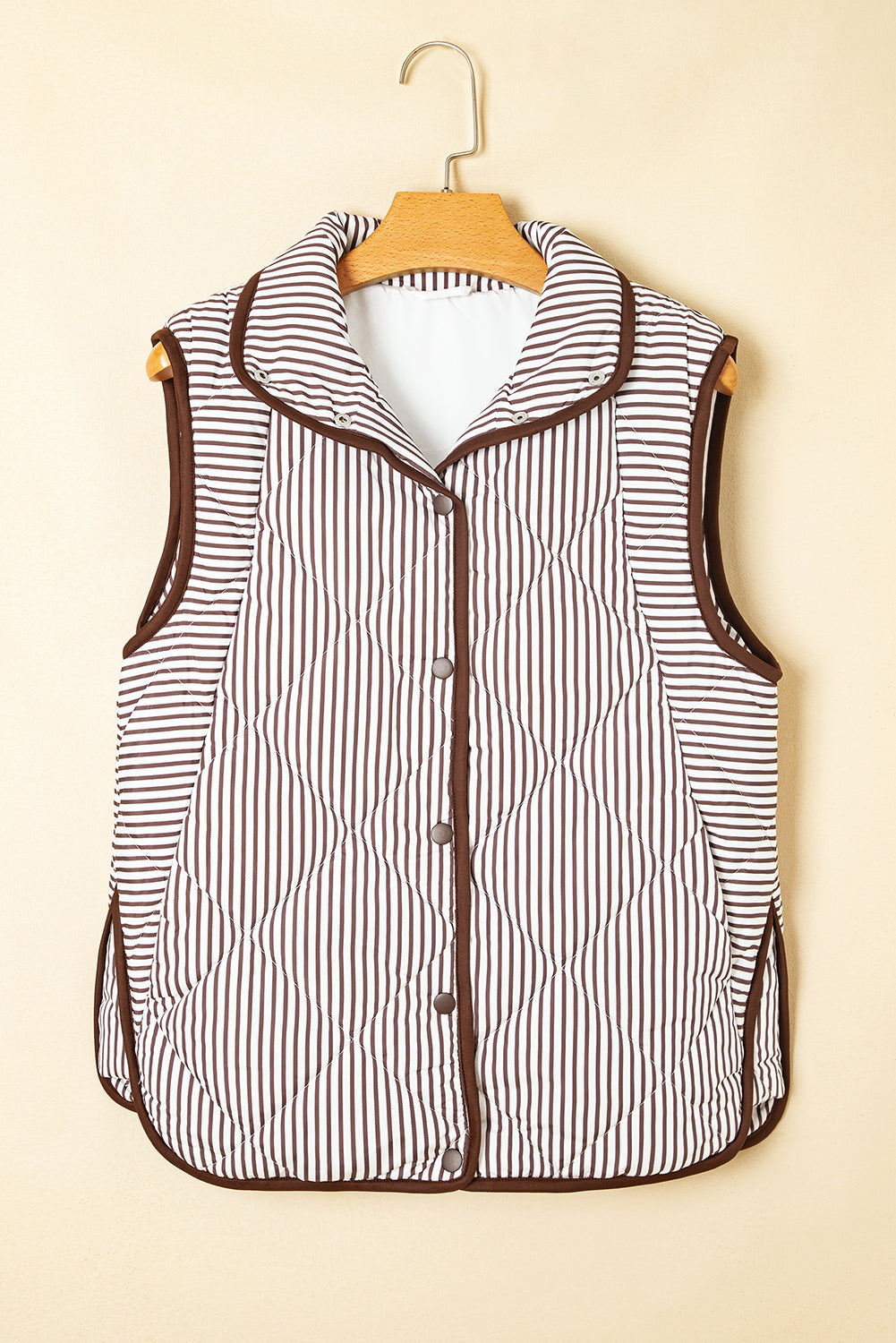 Brown Striped Snap Button Scalloped Hem Winter Vest