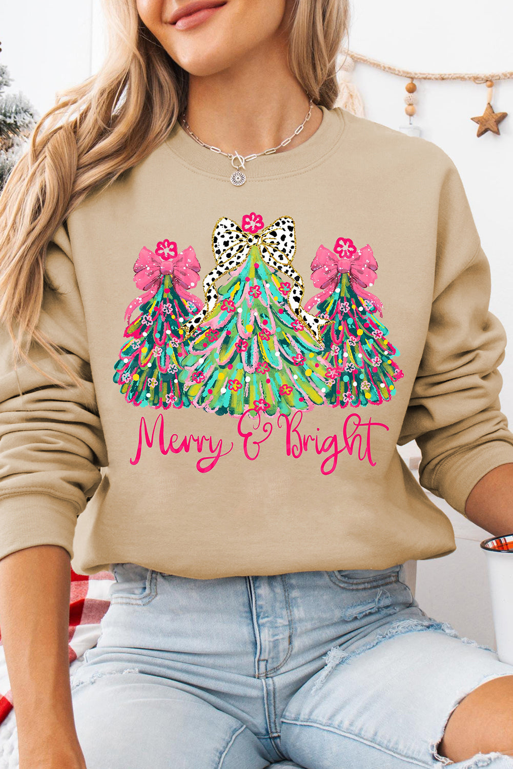 Khaki Merry & Bright Christmas Tree Heat Transfer Printing Pullover Sweatshirt