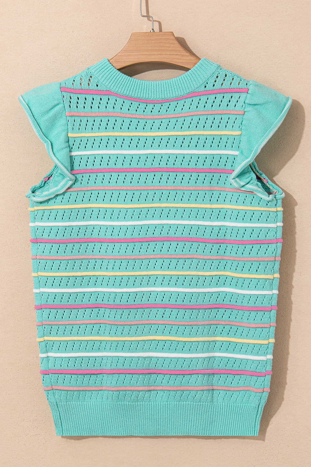 Green Colorful Striped Eyelet Knit Ruffle Top