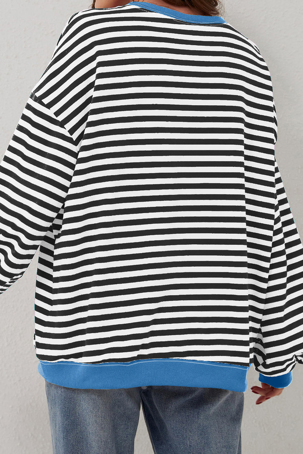 White Striped Contrast Trim Drop Shoulder Sweatshirt