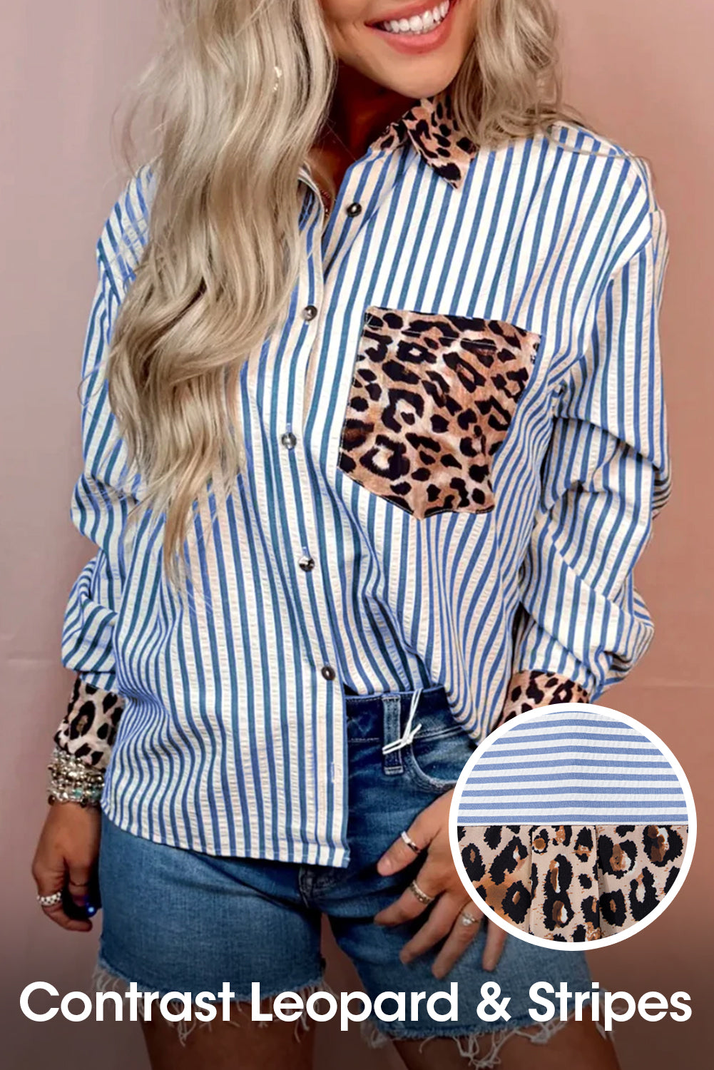Sky Blue Contrast Leopard and Stripes Button Up Shirt