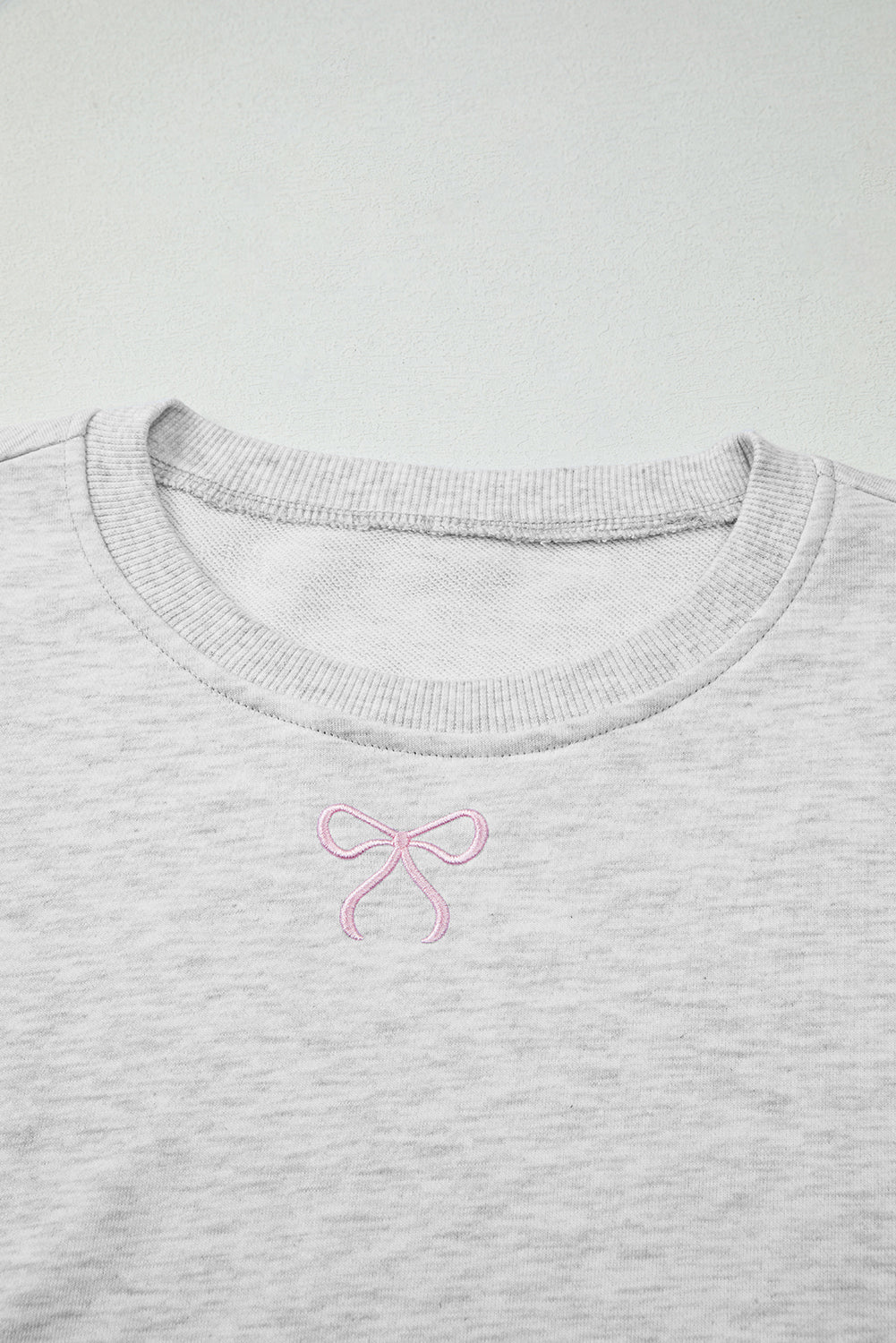 Light Grey Bow Embroidery Long Sleeve Pullover and High Waist Shorts Set