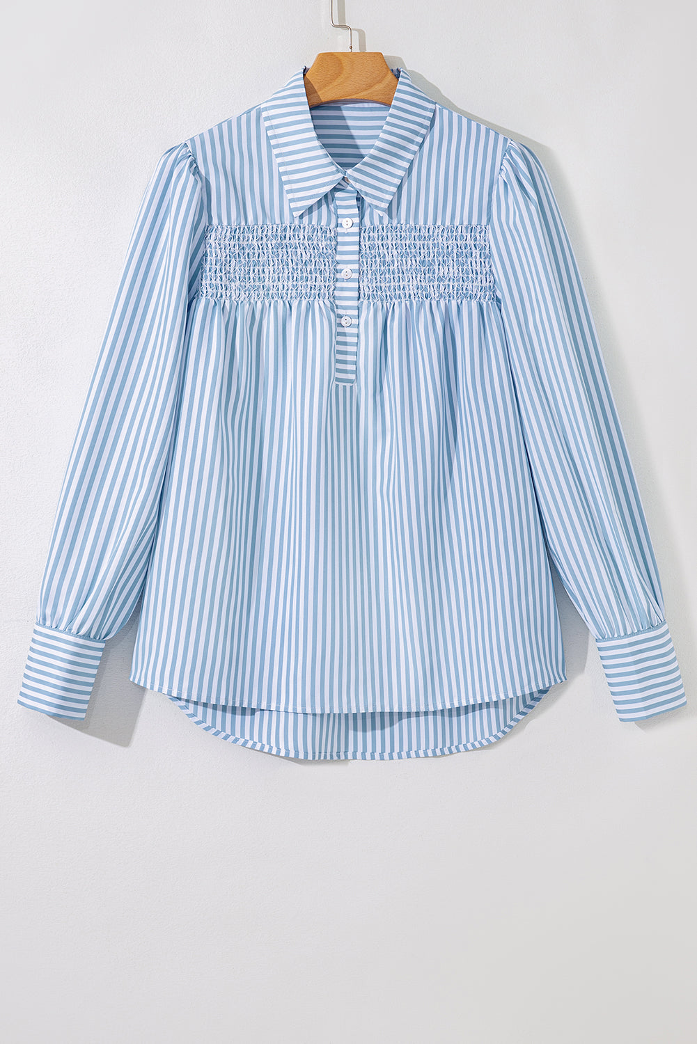 Sky Blue Striped Smocked Long Sleeve Quarter Button Shirt