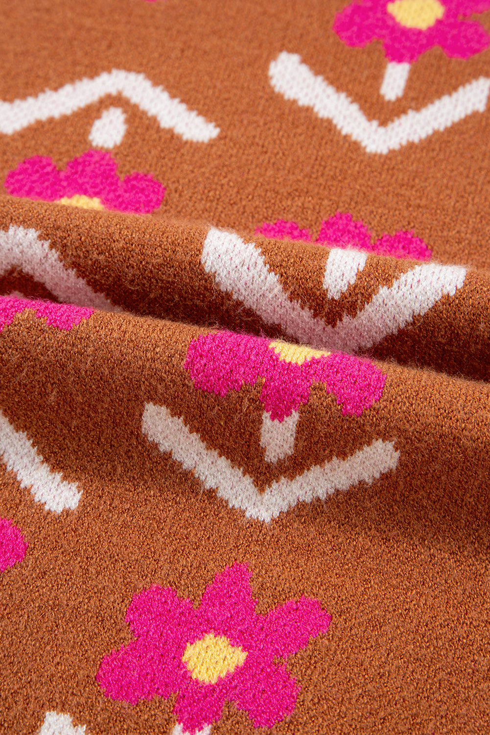 Brown Floral Pattern Short Puff Sleeve Sweater