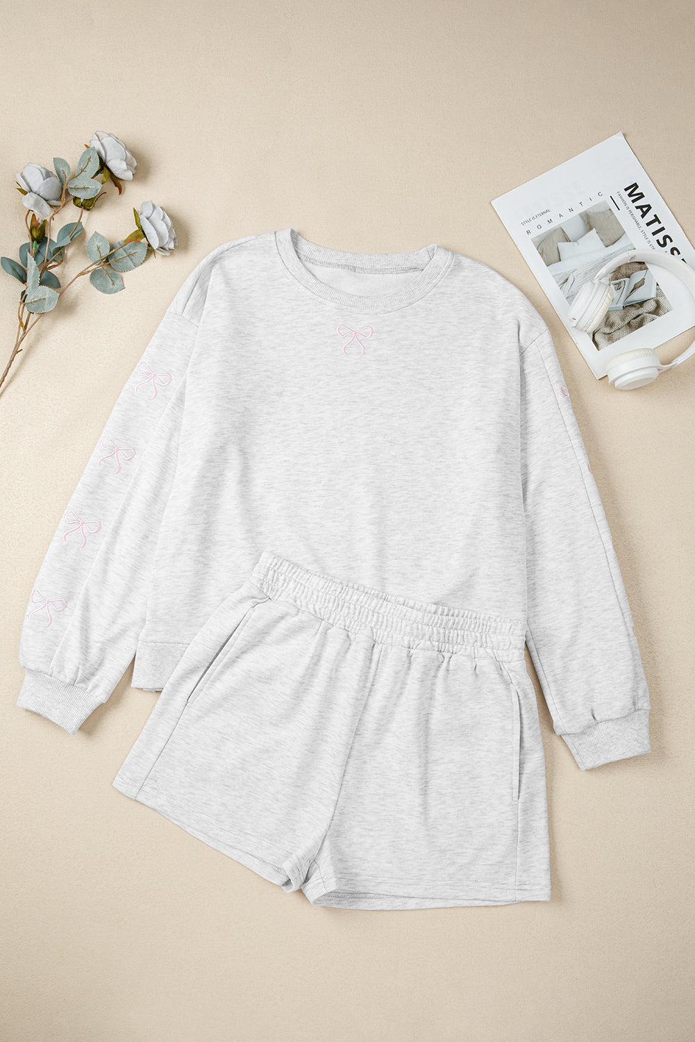 Light Grey Bow Embroidery Long Sleeve Pullover and High Waist Shorts Set