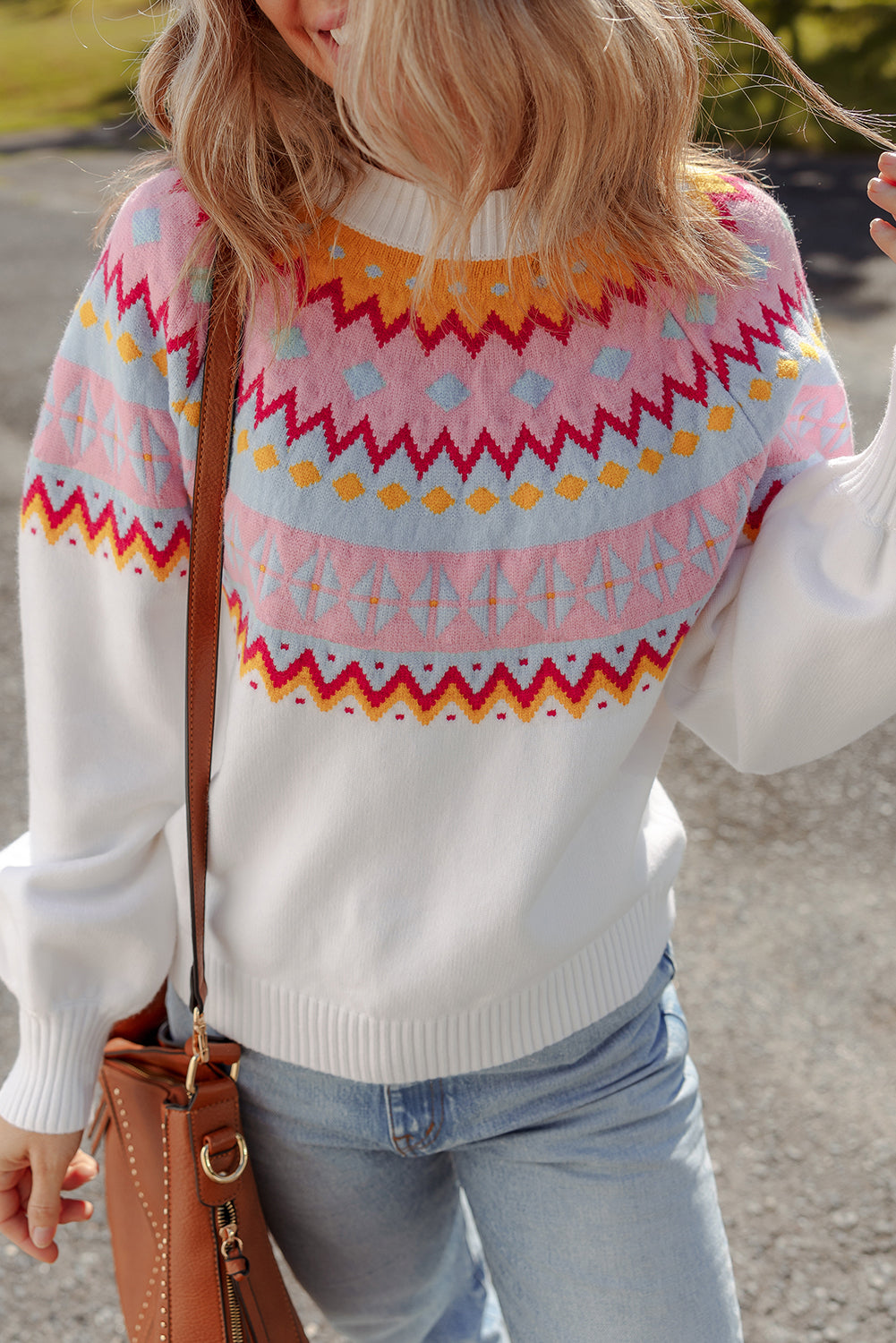 White Ethnic Geometric Colorblock Pattern Drop Shoulder Sweater