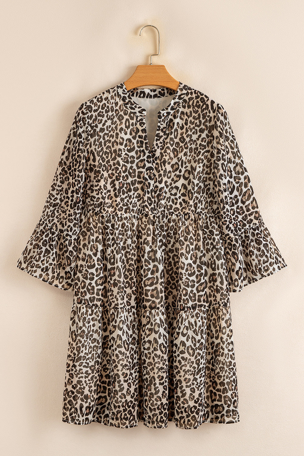 Khaki Leopard 3/4 Sleeve V Neck Swing Dress