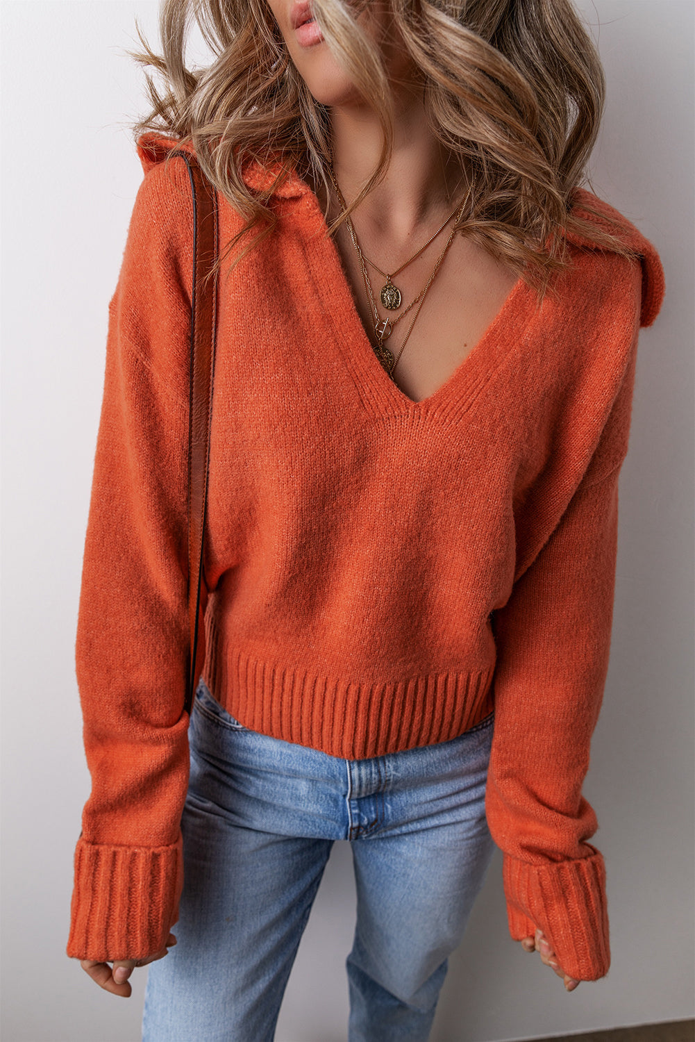 Flamingo Ribbed Edge Collared V Neck Loose Fit Sweater