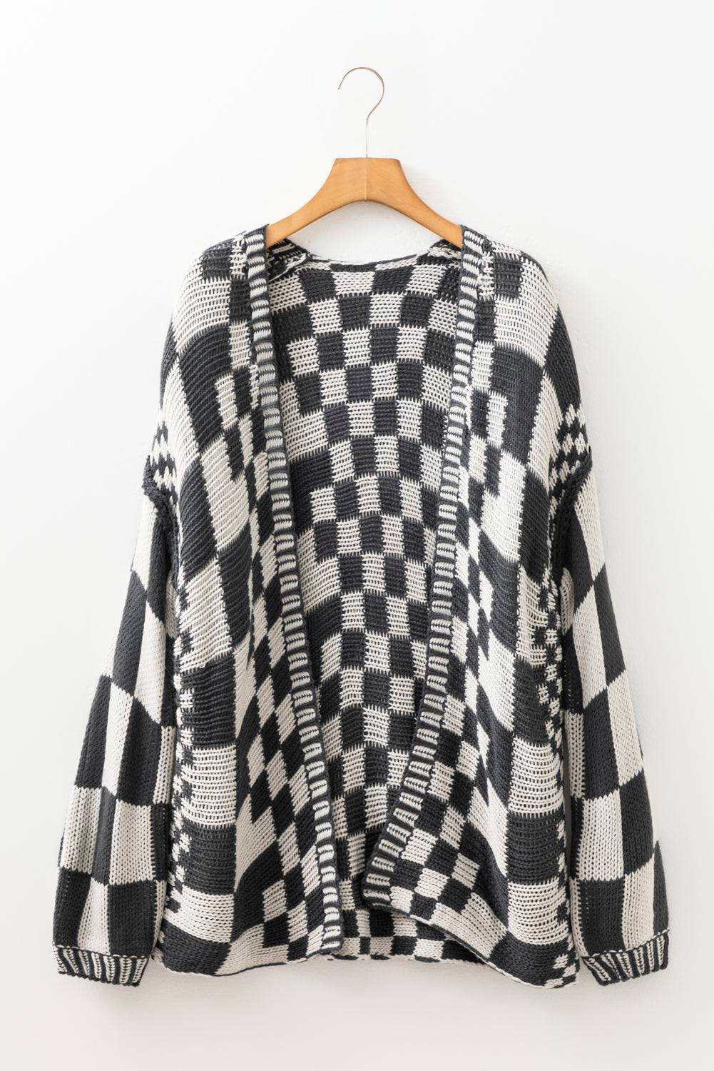 Dark Grey Colorblock Checked Loose Fit Open Front Knitted Cardigan