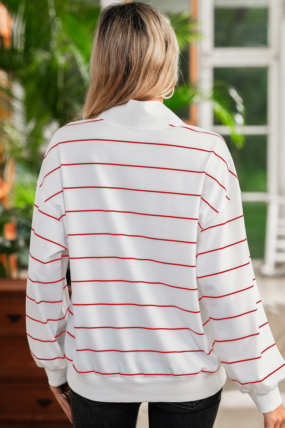 Fiery Red Striped Zipper V-Neck Drop Sleeve Top