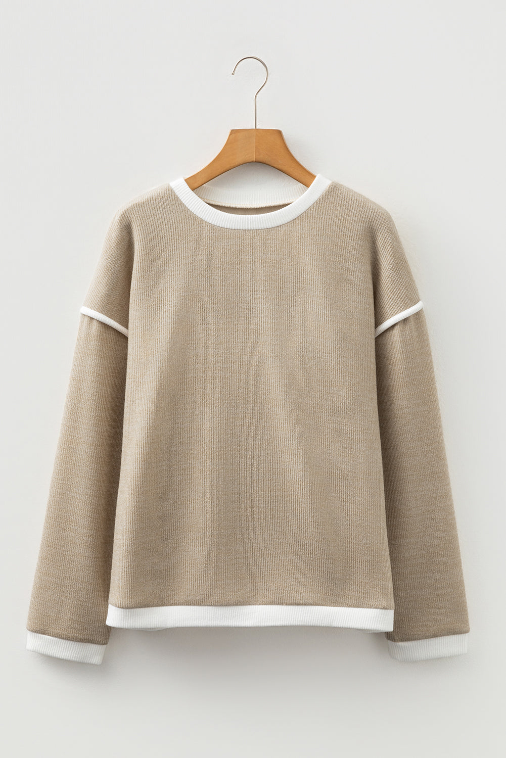 Beige Contrast Color Trim Knit Drop Shoulder Loose Top