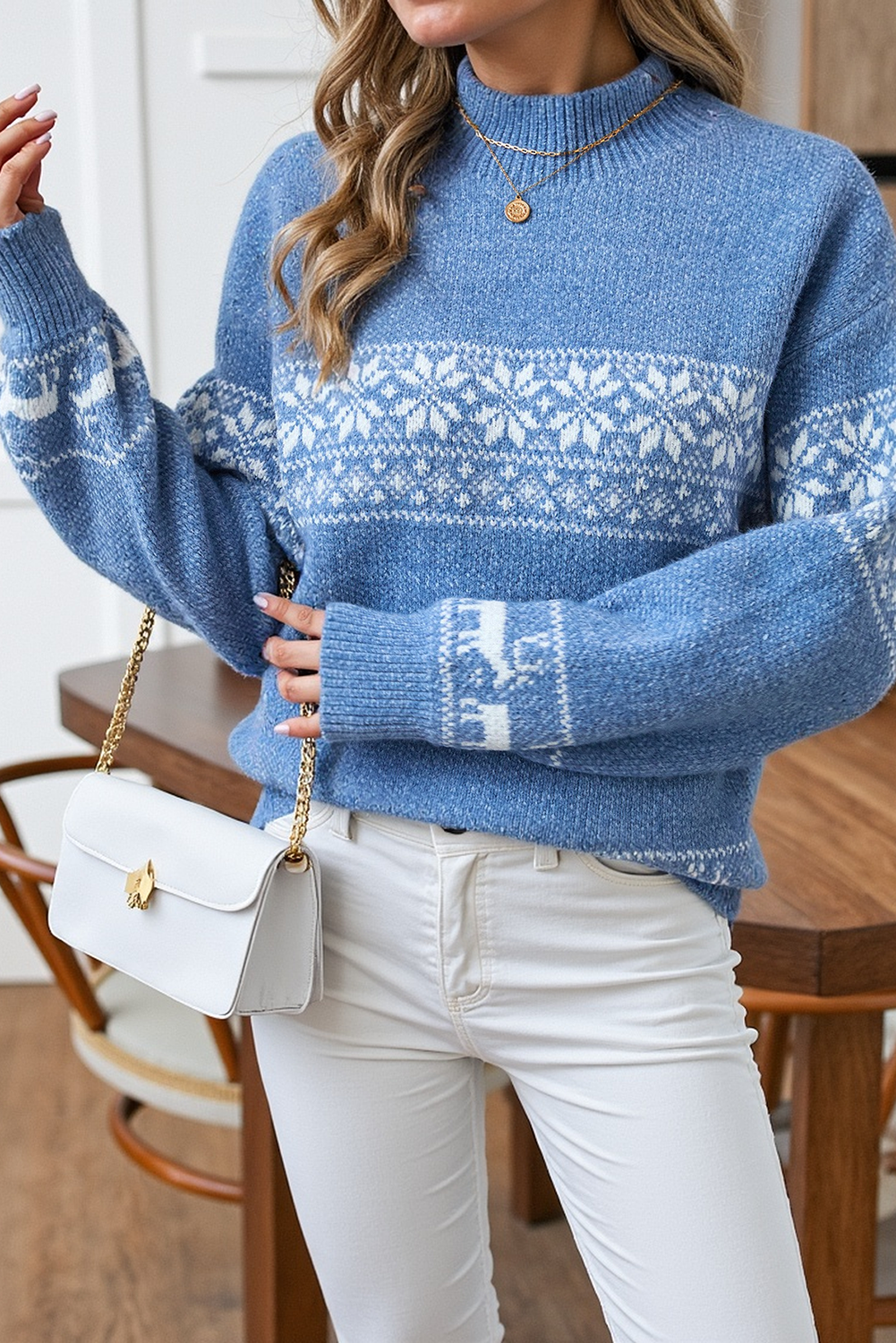 Ashleigh Blue Christmas Snowflake Jacquard Stand Neck Sweater