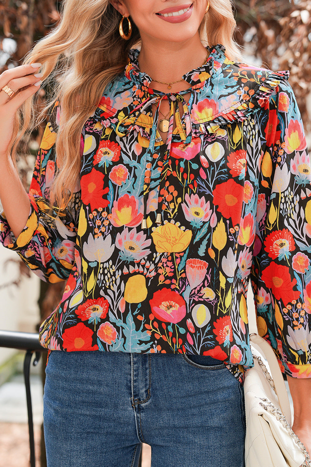 Black Floral Print 3/4 Puff Sleeve Frill Neck Blouse