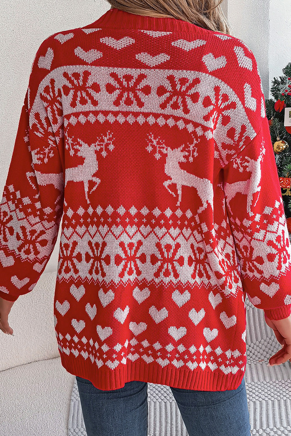 Fiery Red Christmas Reindeer Heart Pattern Pocket Knit Cardigan
