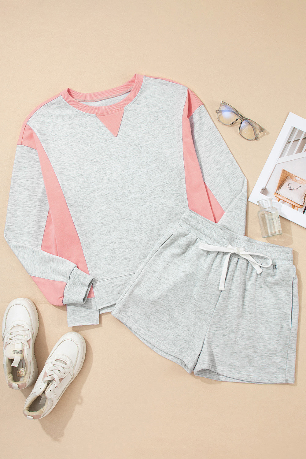 Light Grey Colorblock Raw Hem Pullover and Shorts Set