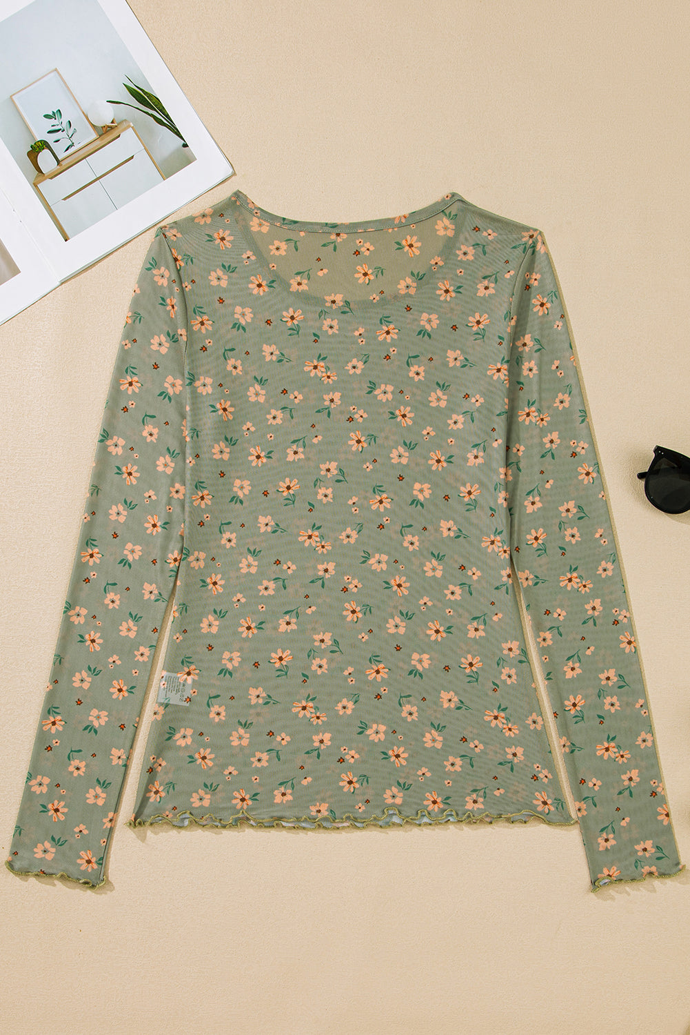 Laurel Green Floral Print Mesh Slim Fit Long Sleeve Top
