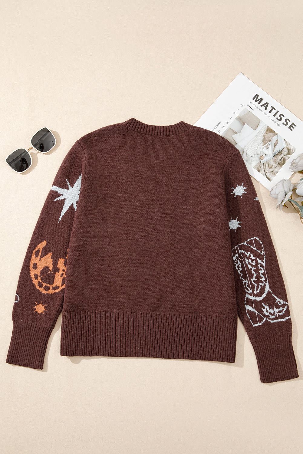 Brown Star Boots Print Cropped Knit Sweater