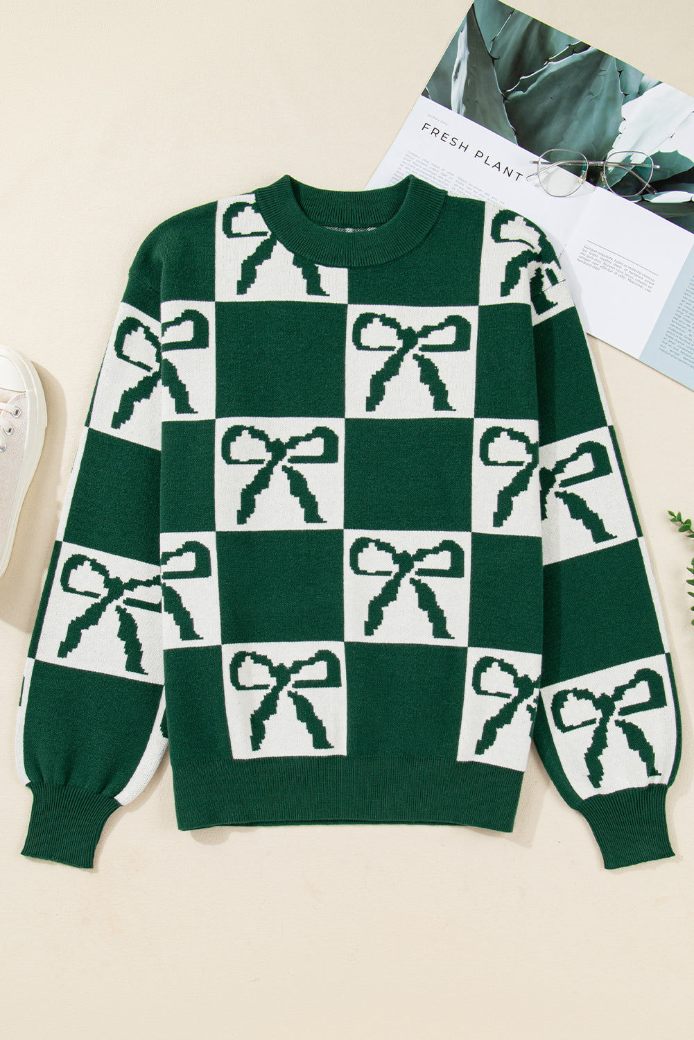 Blackish Green Bow Print Checkered Knit Sweater