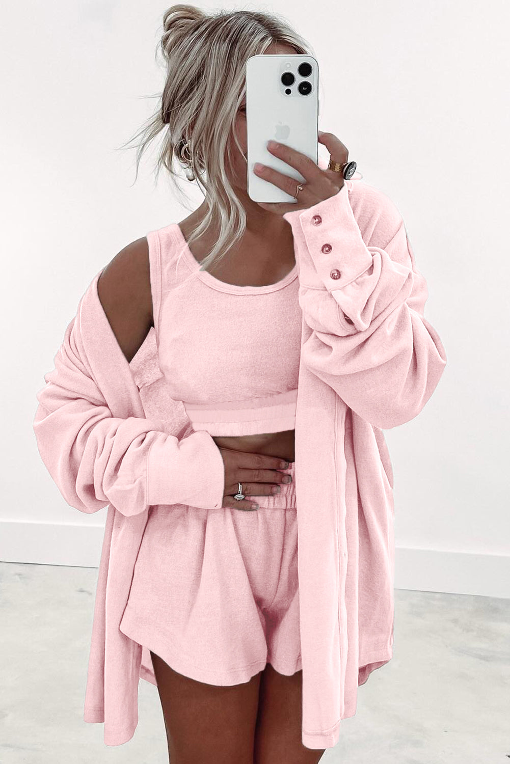 Light Pink Shirred Hem Crop Tank Top Loose Shorts Cardigan 3 Piece Pajama Set