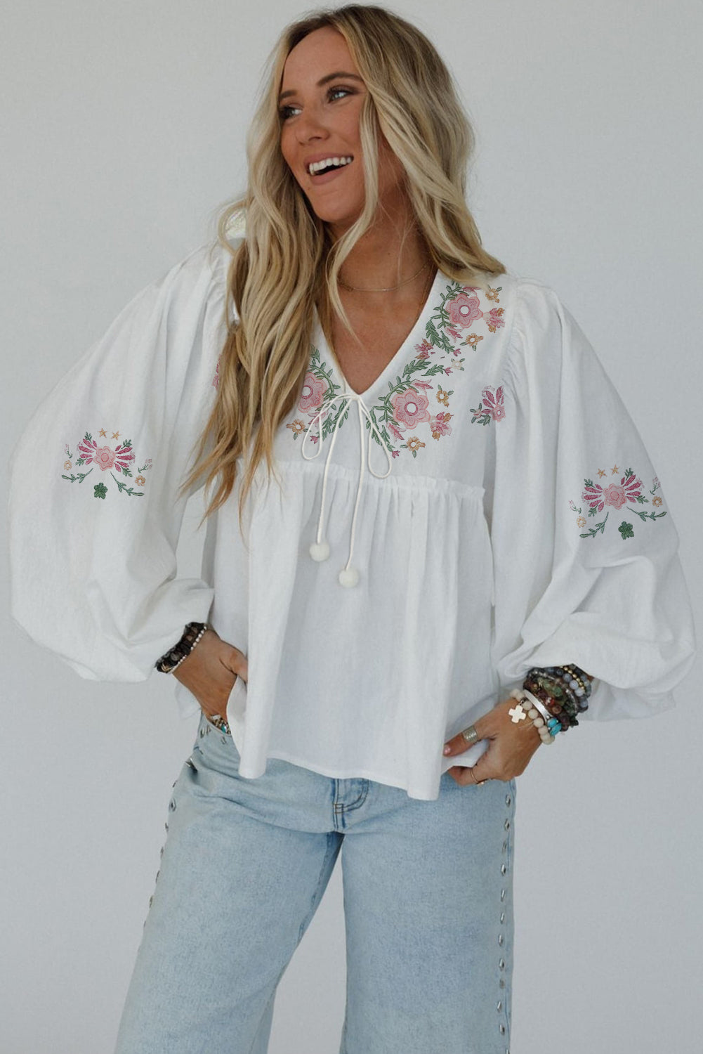 White Flower Lace-up V Neck Flowy Babydoll Blouse
