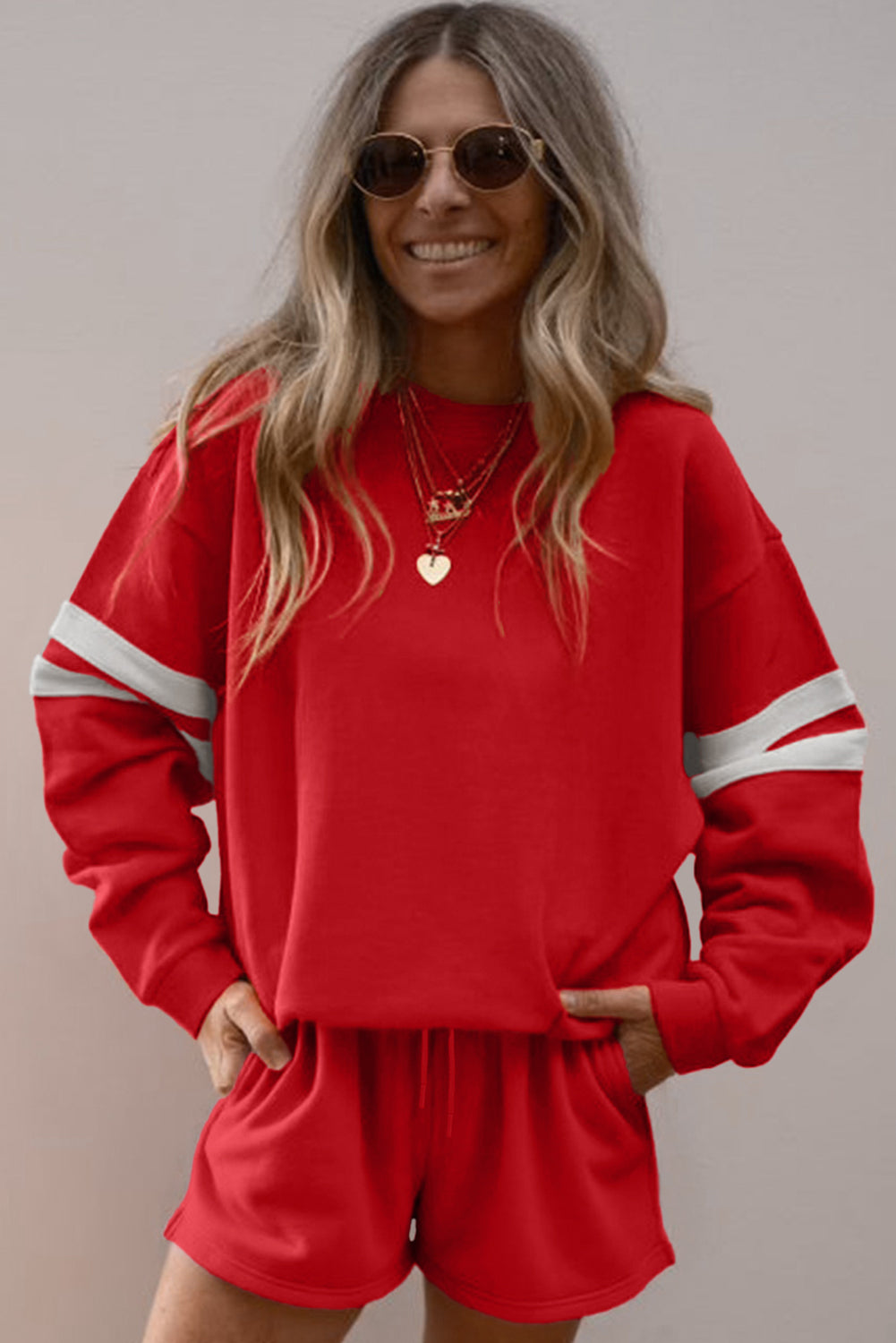 Fiery Red Varsity Striped Sleeve Drop Shoulder Sweatshirt and Shorts Set