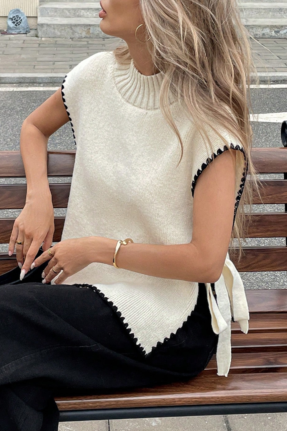 Beige Ric Rac Trim Side Knot Knit Sleeveless Top