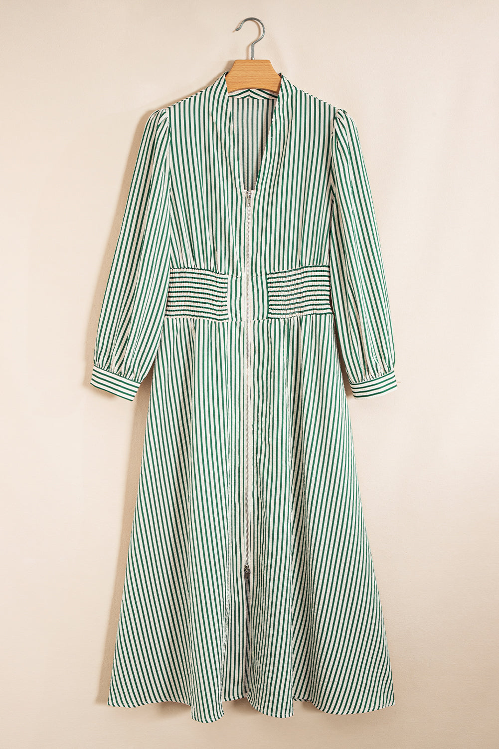Green Striped V Neck Zip Front Cinched High Waist Midi Dress