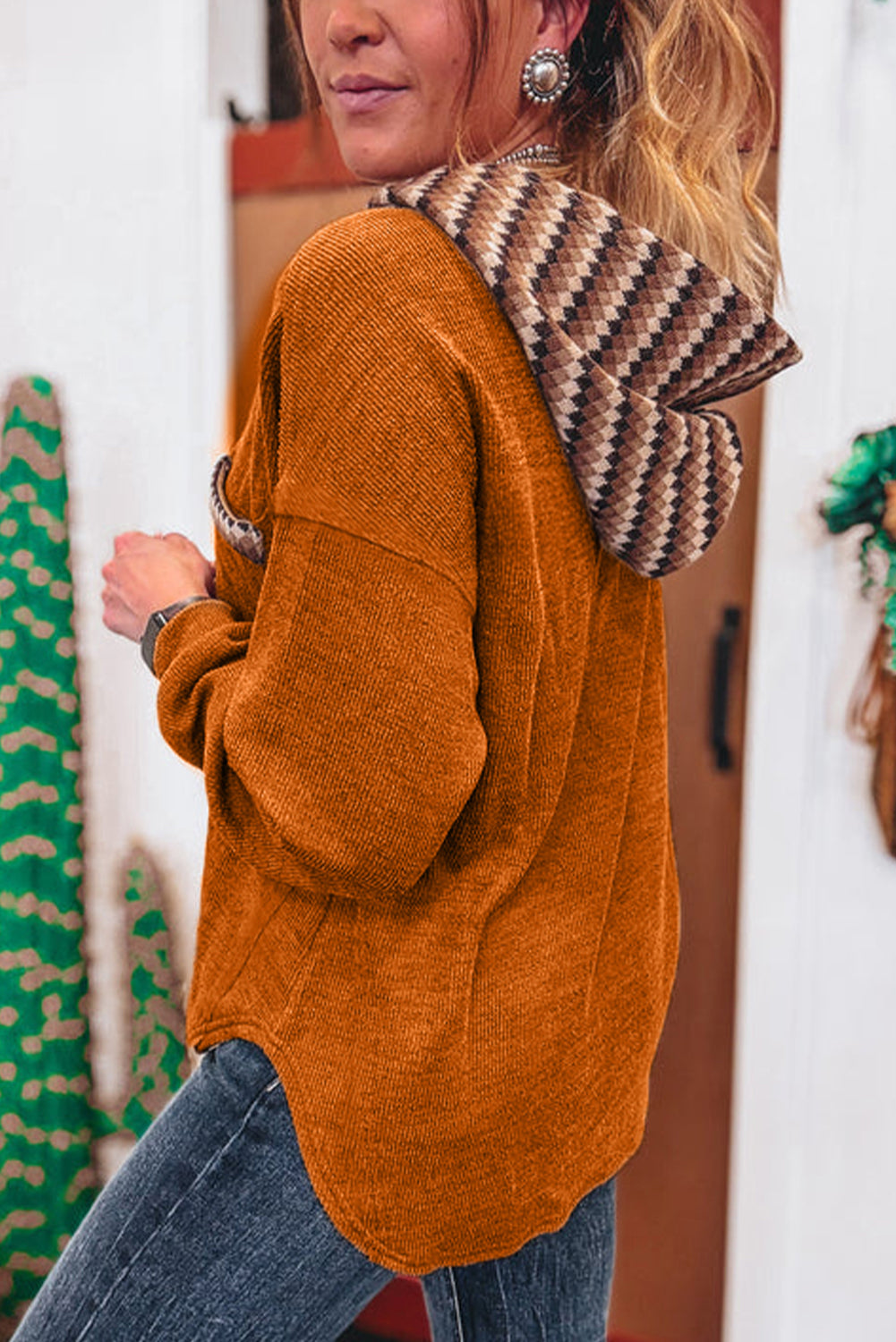 Straw Yellow Contrast Plaid Hooded Patchwork Pocket Henley Top