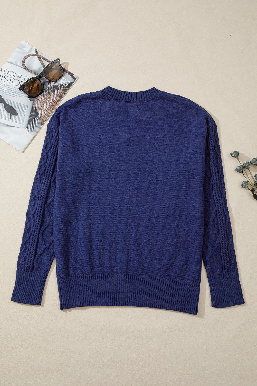 Navy Blue Mix Texture Knit Eyelet Detail Casual Sweater
