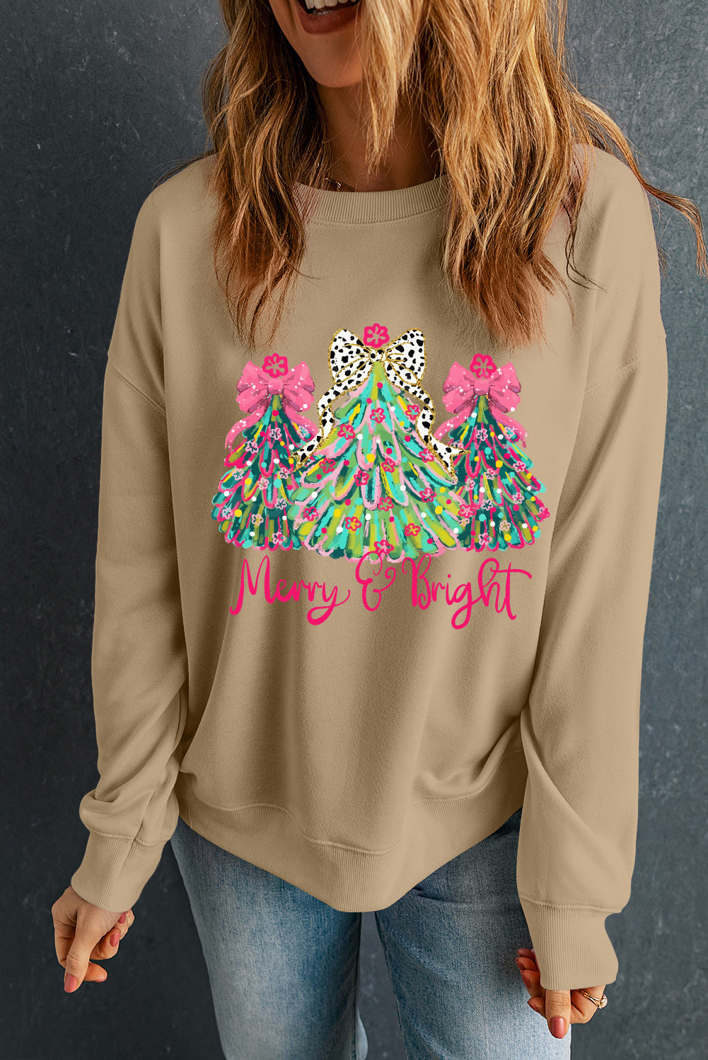 Khaki Merry & Bright Christmas Tree Heat Transfer Printing Pullover Sweatshirt