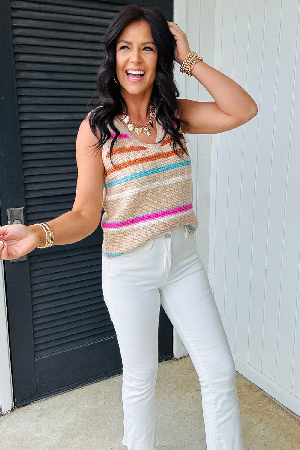 Khaki Stripe V Neck Textured Knit Vest