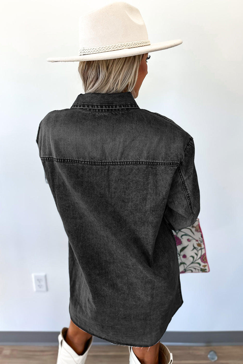 Medium Grey Chest Pocket Raw Hem Denim Loose Shirt Dress