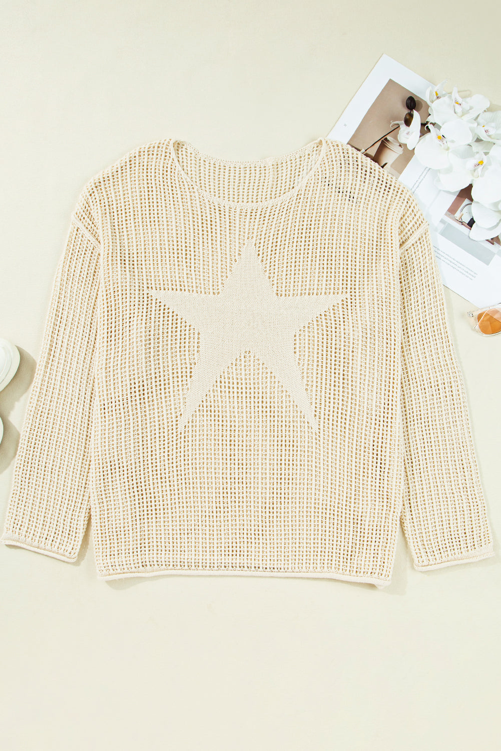Parchment Hollow Out Knit Star Pattern Plus Size Sweater