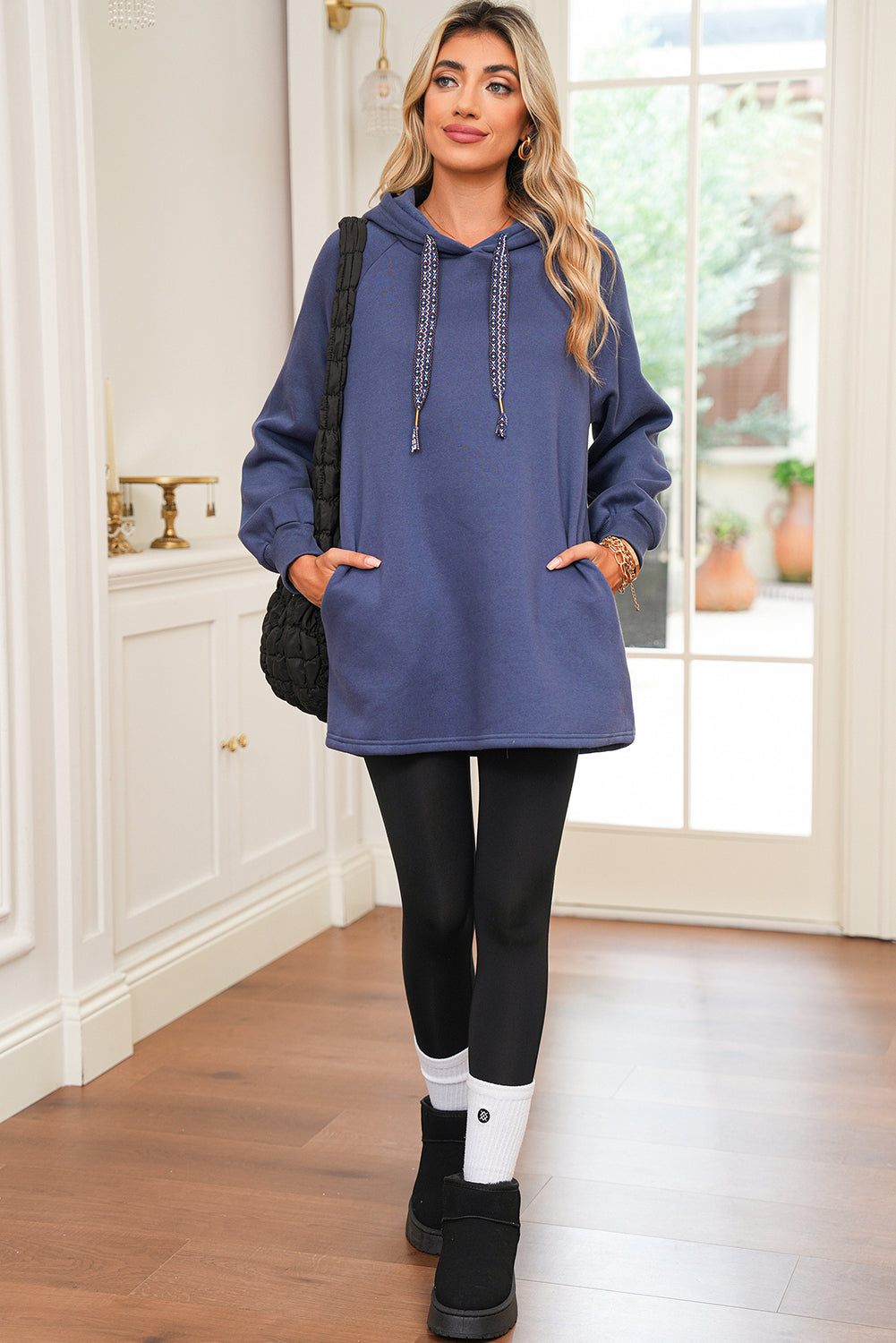 Dirty Blue Drawstring Hooded Tunic Sweatshirt