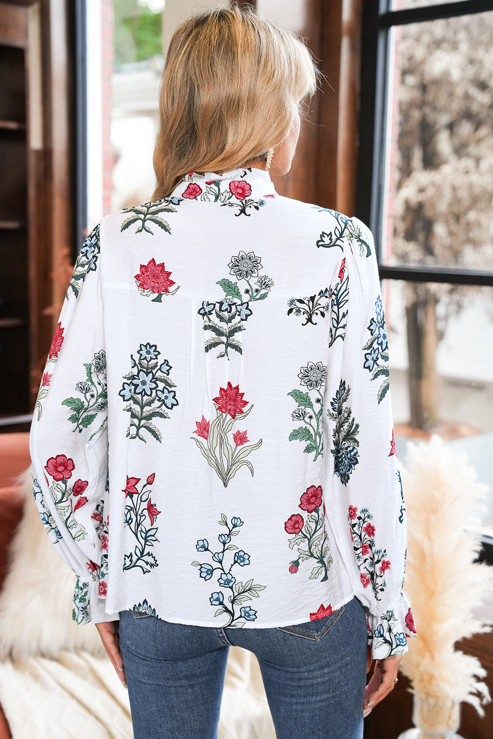 White Floral Print V Neck Loose Drop Sleeve Shirt