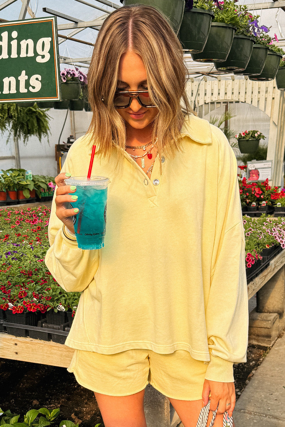 Yellow Cream Button Collar Drop Shoulder Pullover and Shorts Set