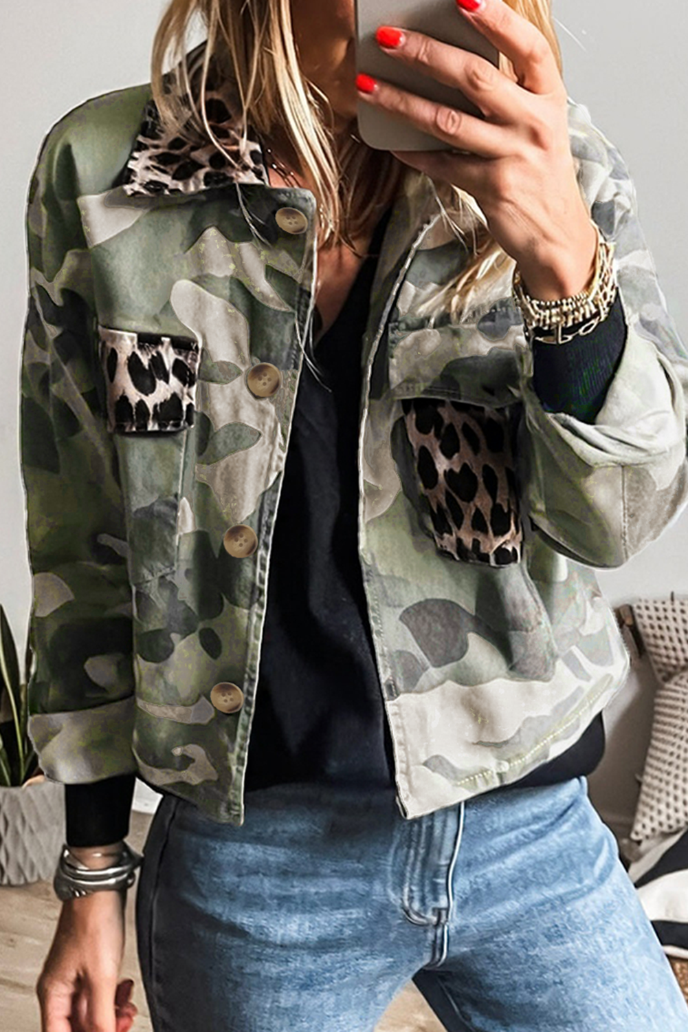 Green Camouflage Leopard Patchwork Flap Pocket Collared Jacket