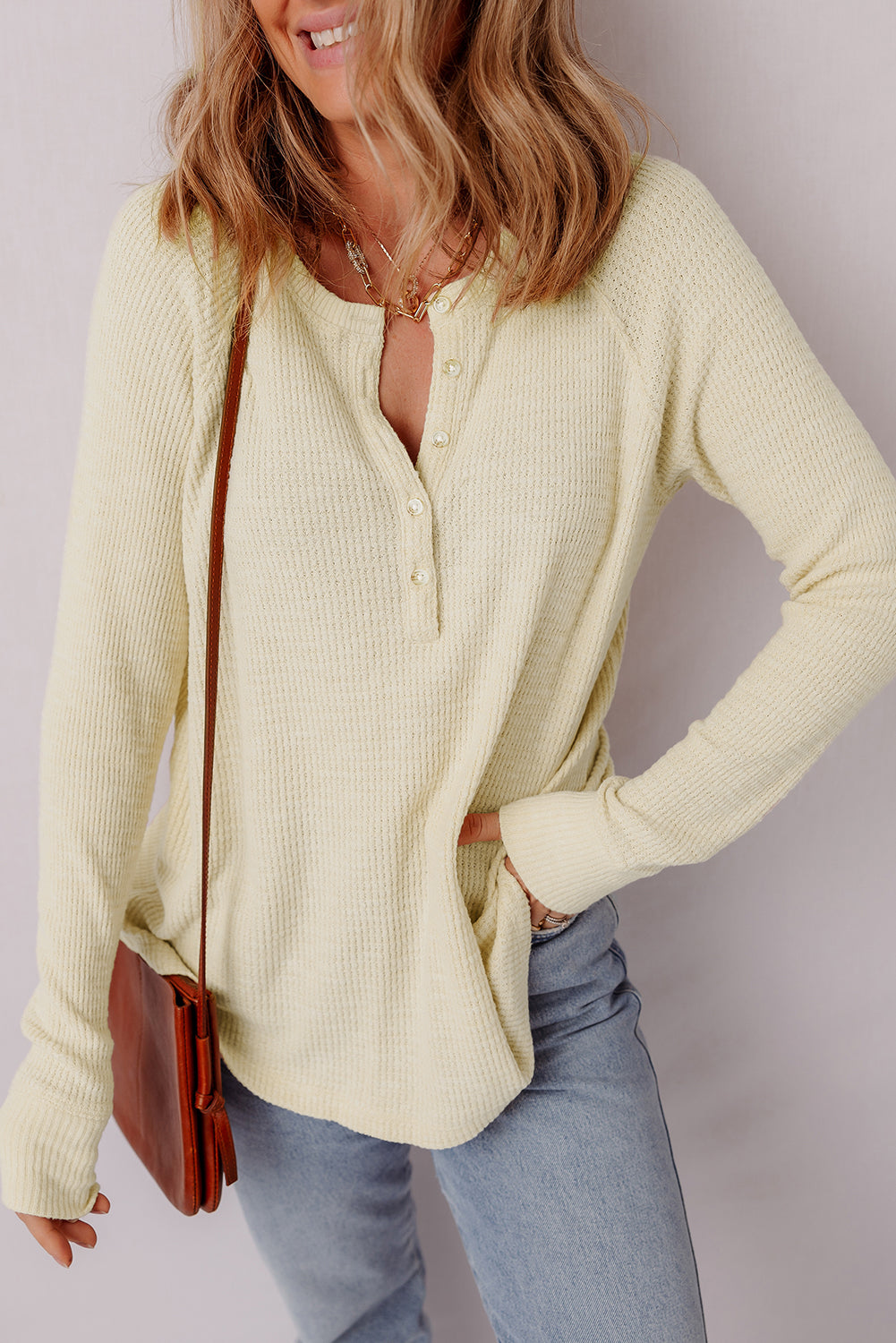 Oatmeal Textured Knit Half Button Henley Top