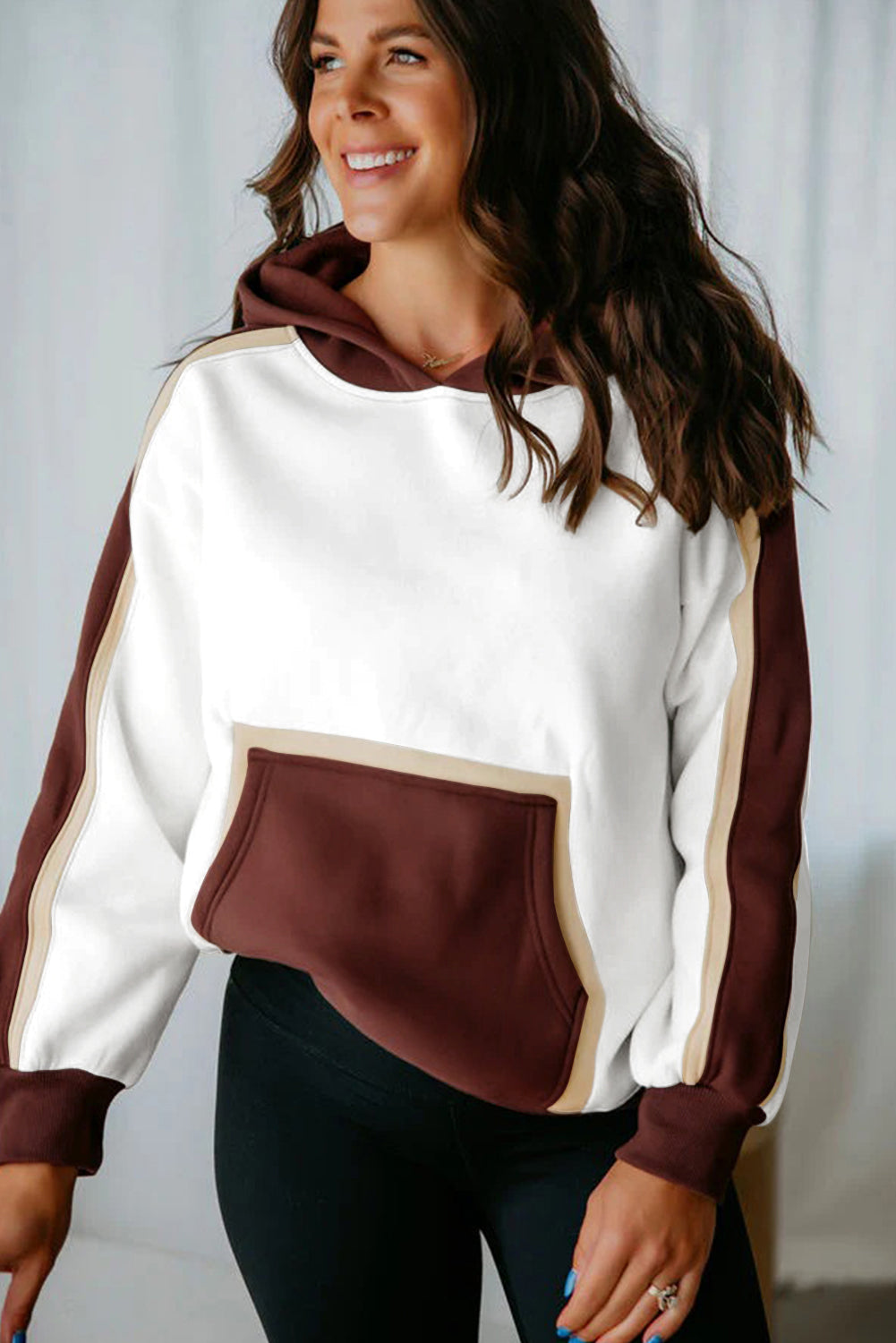Coffee Colorblock Kangaroo Pocket Long Sleeve Hoodie