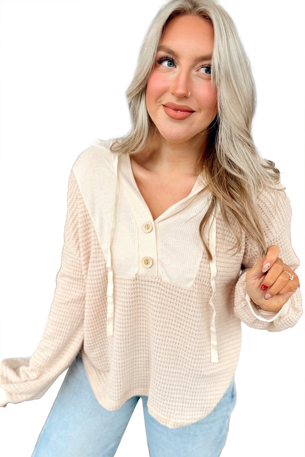 Oatmeal Waffle Patchwork Drop Shoulder Hooded Long Sleeve Top