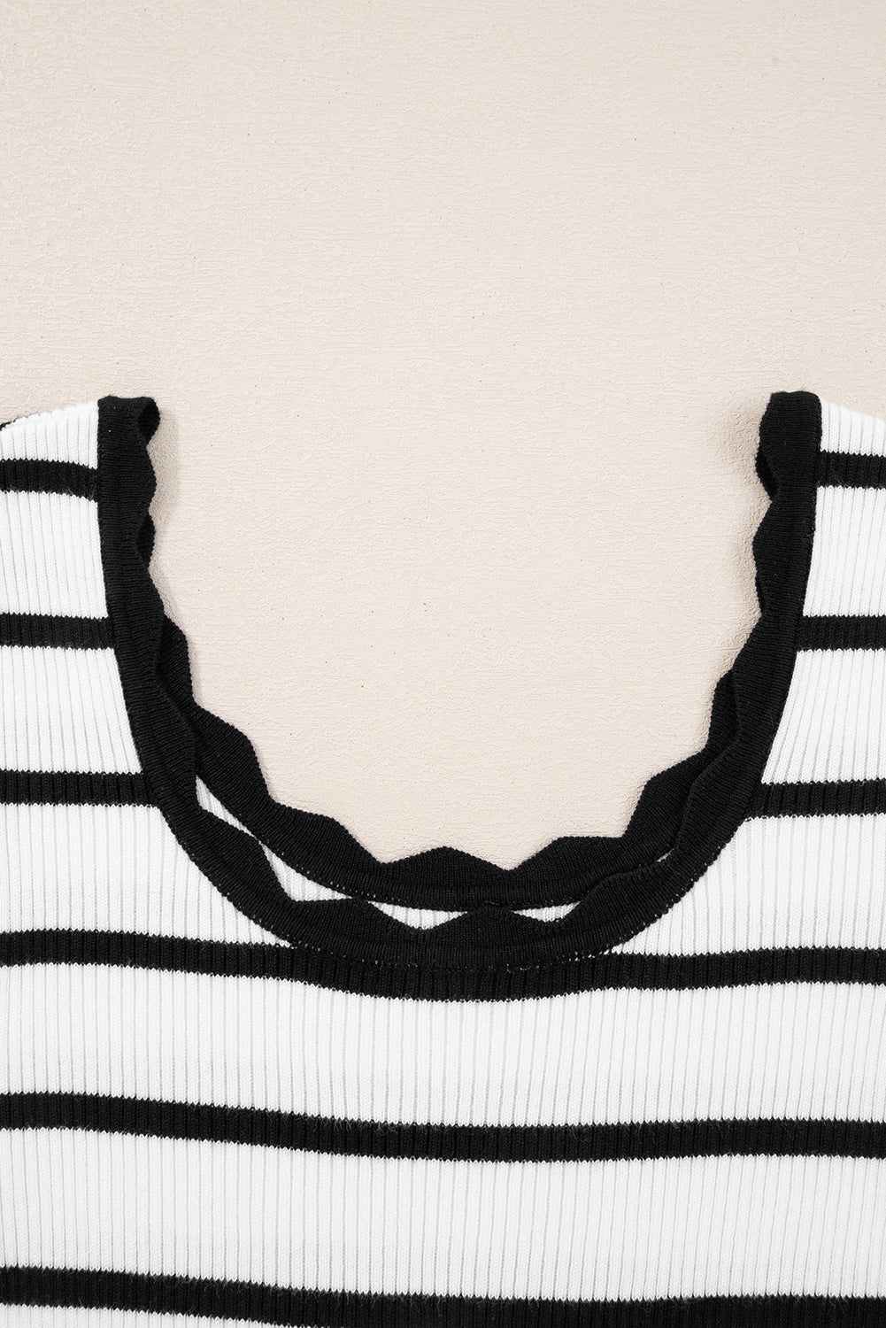 Black White Scalloped Edge Neck Striped Long Sleeve Sweater
