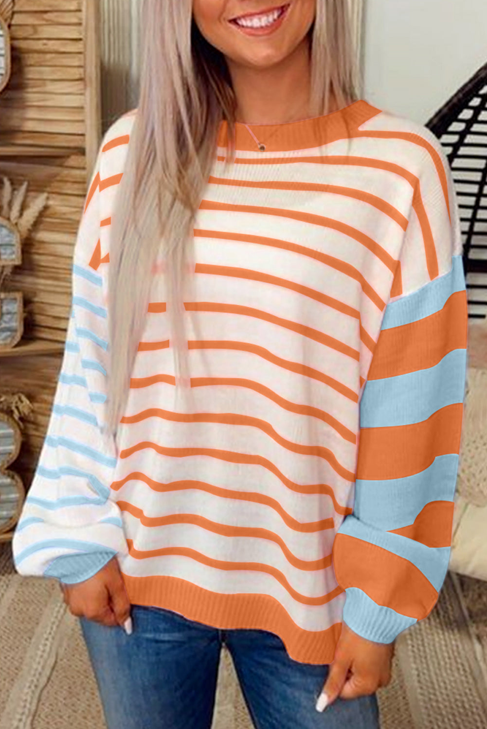 Orange Striped Colorblock Pullover Sweater