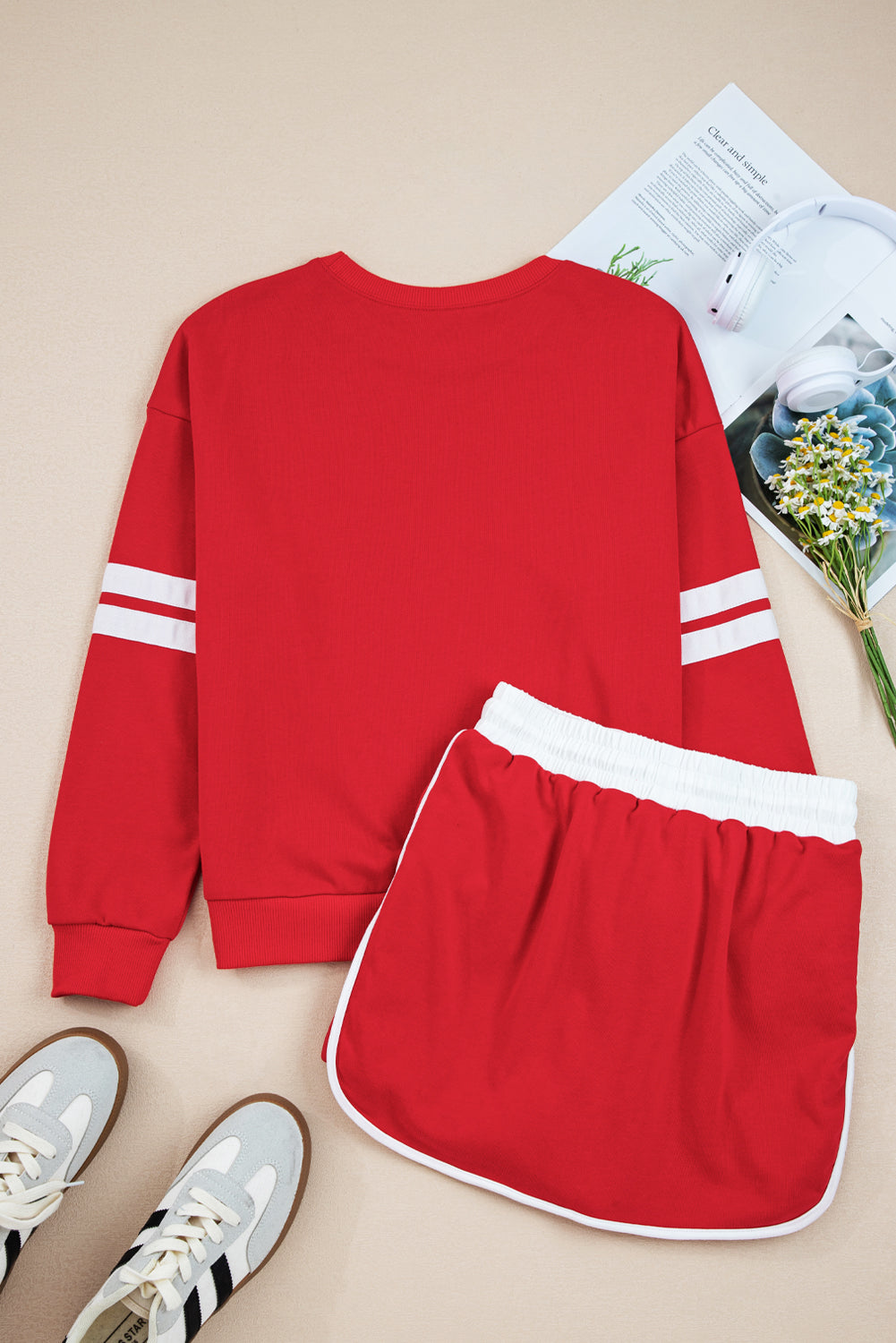 Fiery Red Varsity Stripe Detail Drop Shoulder Pullover Mini Skort Set