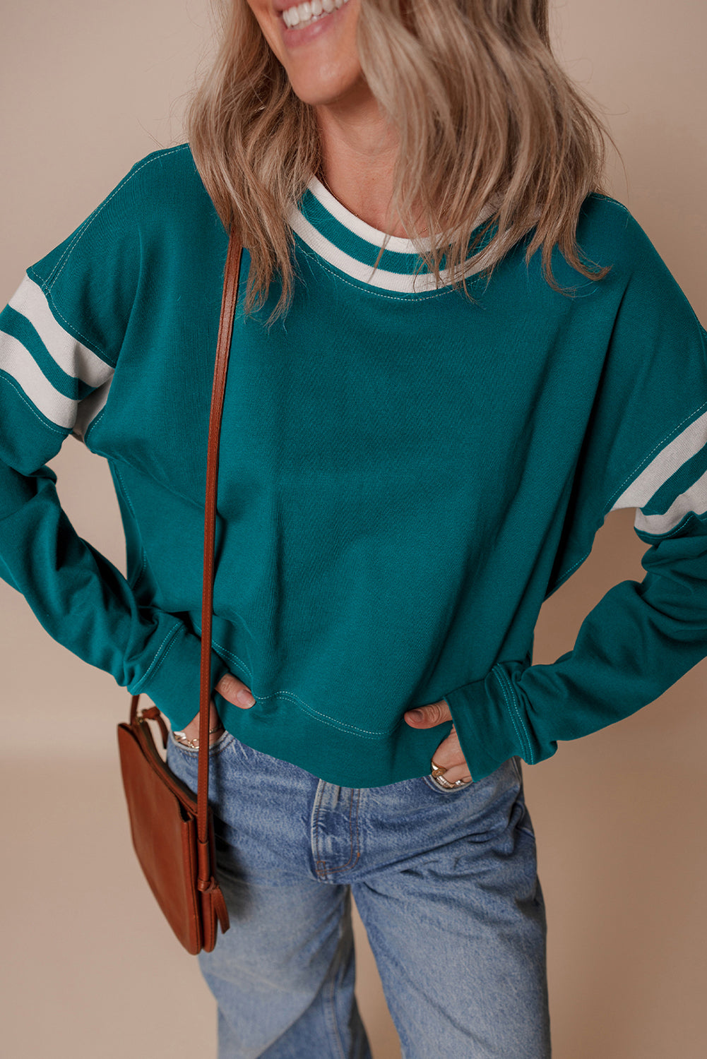 Blackish Green Contrast Striped Patchwork Drop Shoulder Sweatshirt