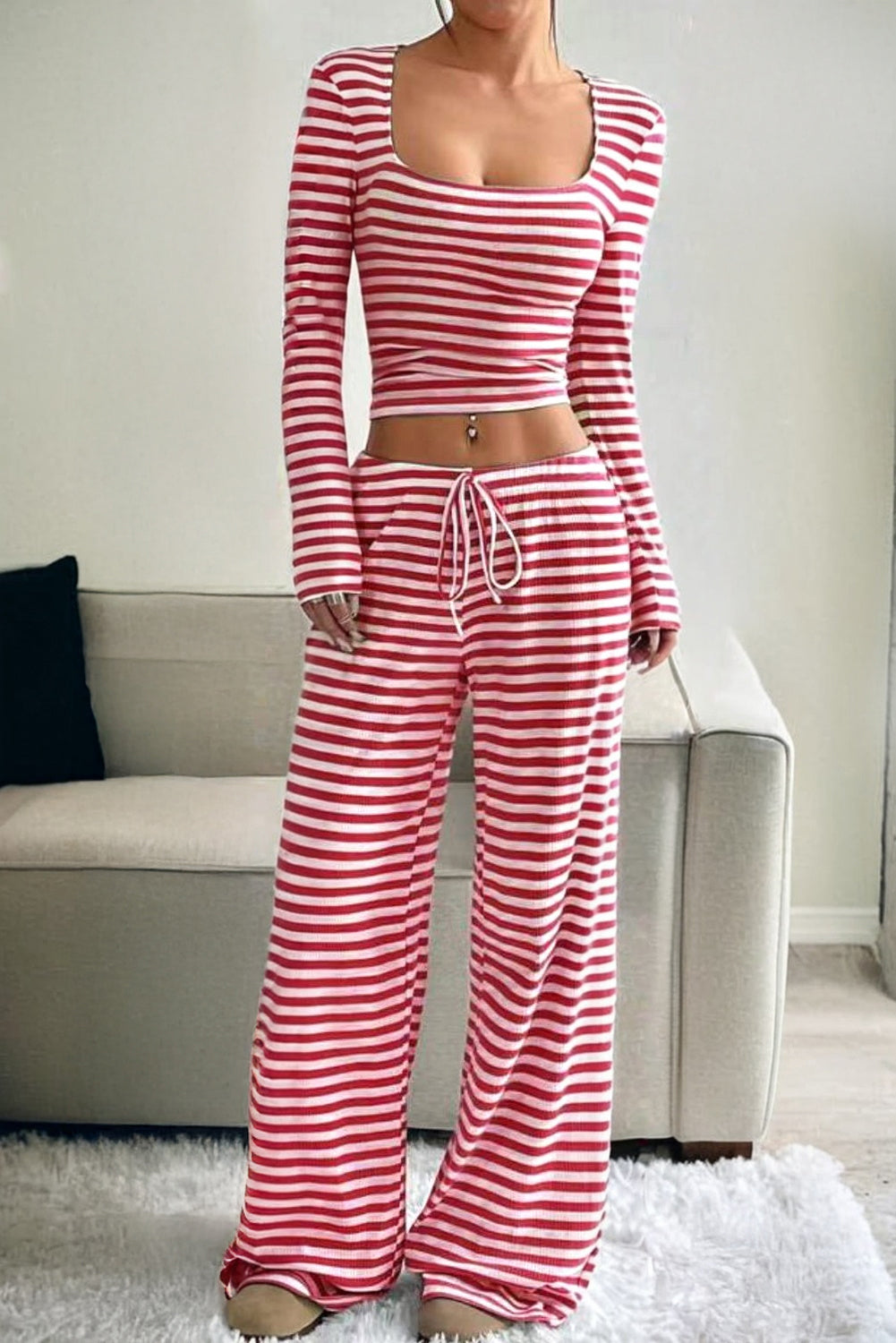 Fiery Red Striped Crop Top and Drawstring Waist Pants Casual Set