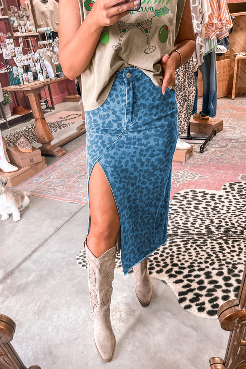 Sky Blue Leopard Frayed Split Denim Midi Skirt