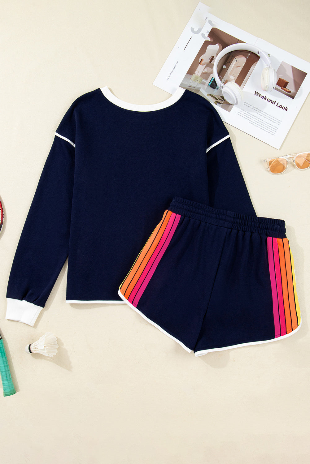 Bluing Colorful Striped Accent Varsity Long Sleeve Pullover and Shorts Matching Set