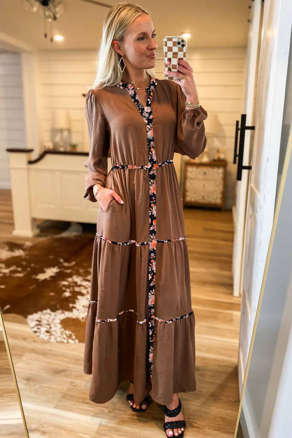 Chestnut Floral Patchwork Notched Neck Long Sleeve Maxi Dress